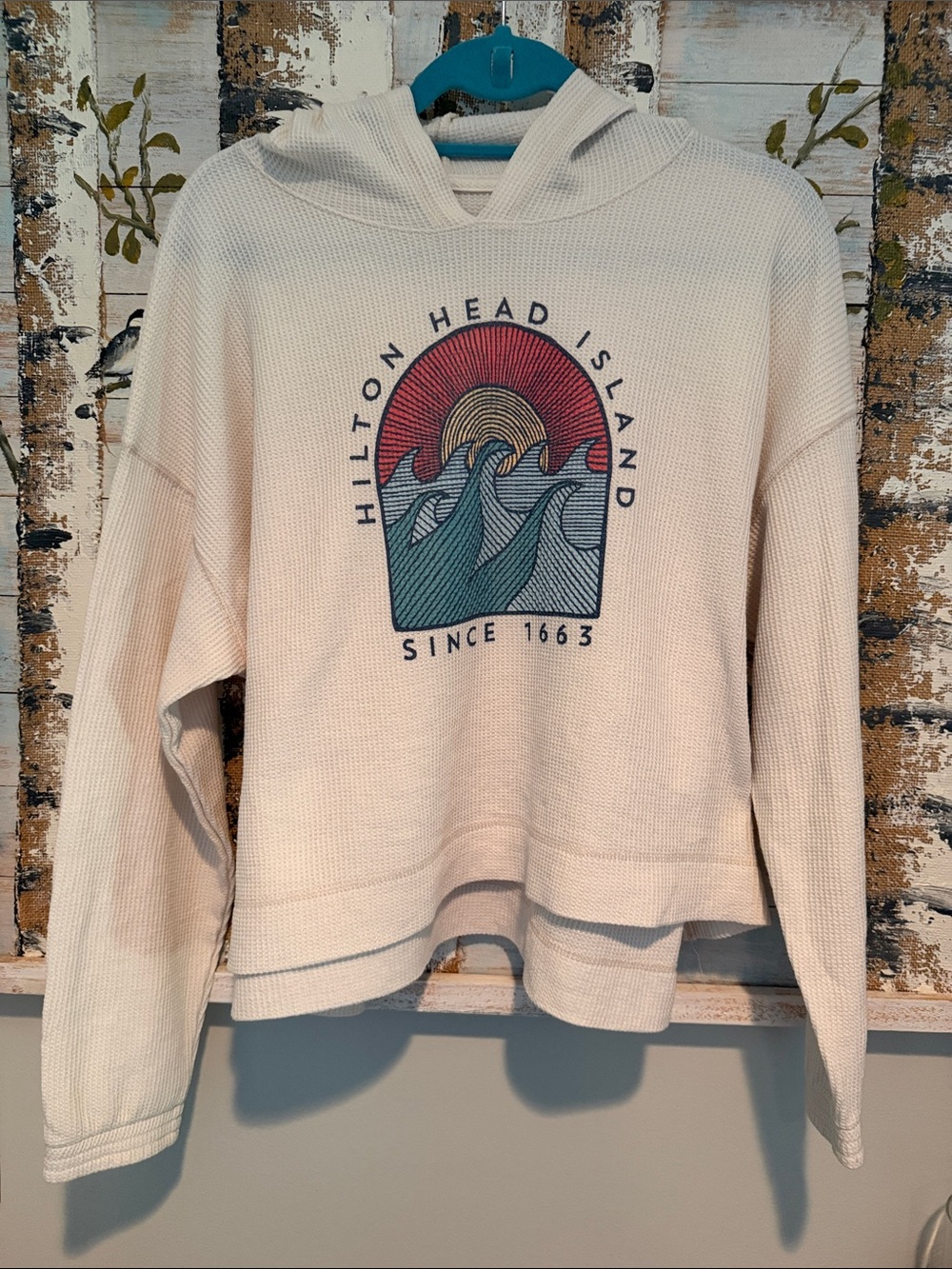 League Cream Hooded Waffle Knit Sweater with Multicolor Hilton Head Wave Graphic